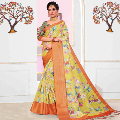 Imposing Yellow Colored Festive Wear Digital Printed Linen Saree