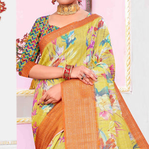 Imposing Yellow Colored Festive Wear Digital Printed Linen Saree