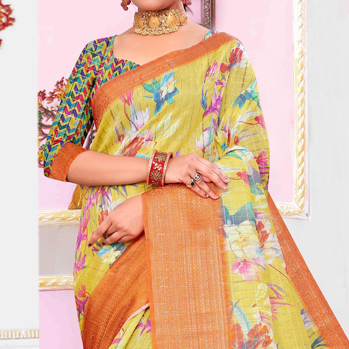 Imposing Yellow Colored Festive Wear Digital Printed Linen Saree