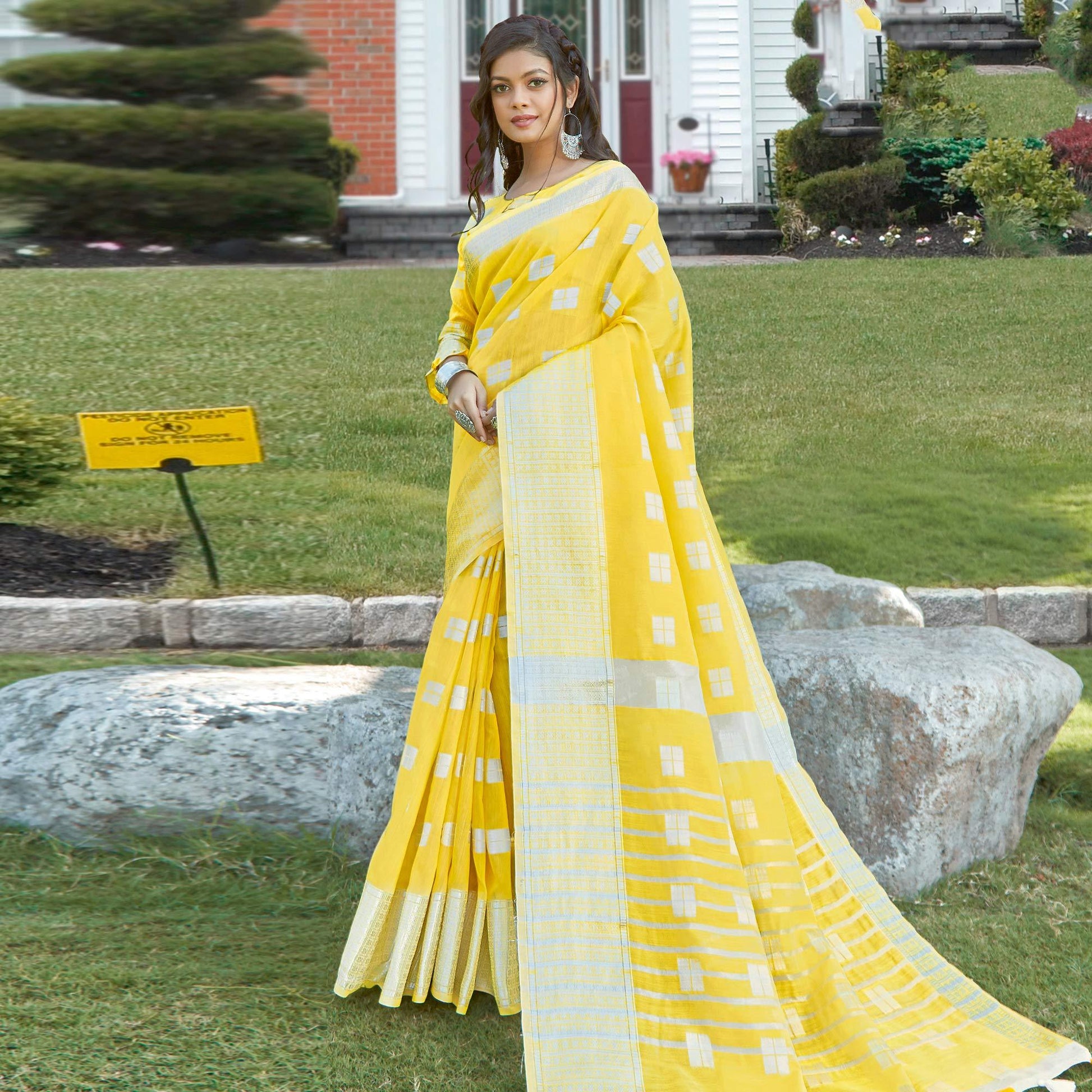 Imposing Yellow Colored Festive Wear Woven Linen Cotton Sareee