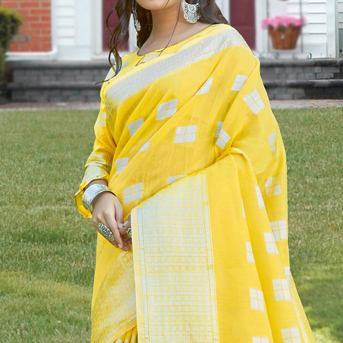 Imposing Yellow Colored Festive Wear Woven Linen Cotton Sareee