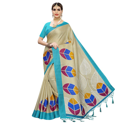 Impressive Beige-Blue Colored Festive Wear Leaf Printed Art Silk Saree With Tassel