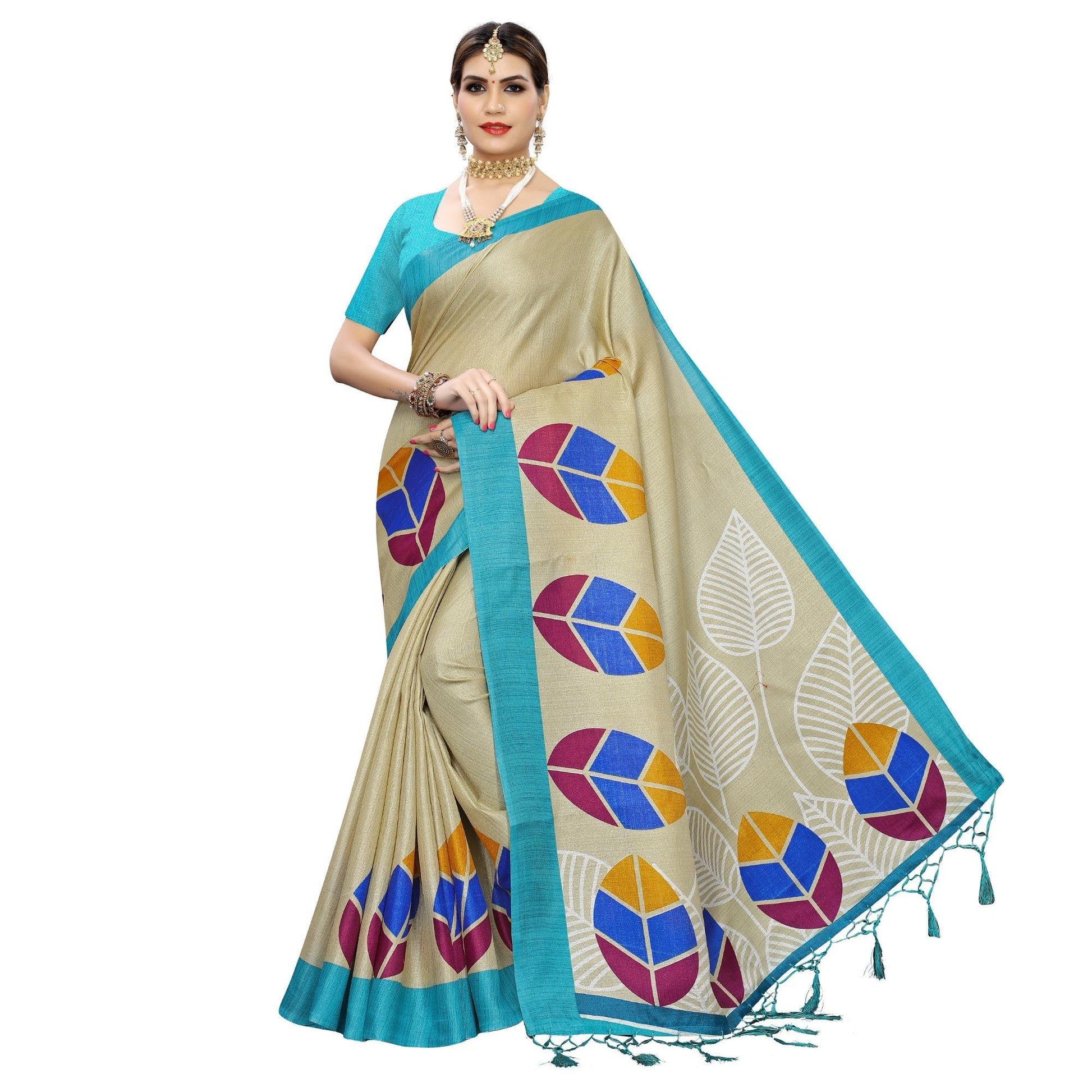 Impressive Beige-Blue Colored Festive Wear Leaf Printed Art Silk Saree With Tassel