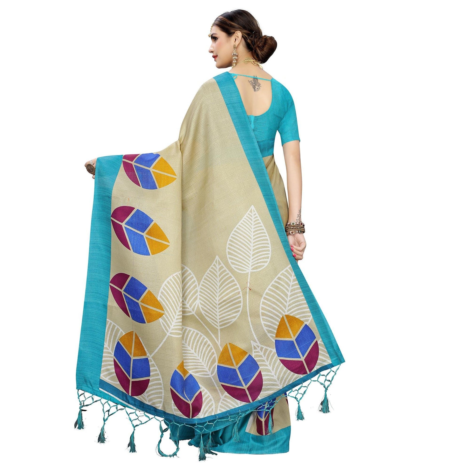 Impressive Beige-Blue Colored Festive Wear Leaf Printed Art Silk Saree With Tassel