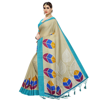 Impressive Beige-Blue Colored Festive Wear Leaf Printed Art Silk Saree With Tassel