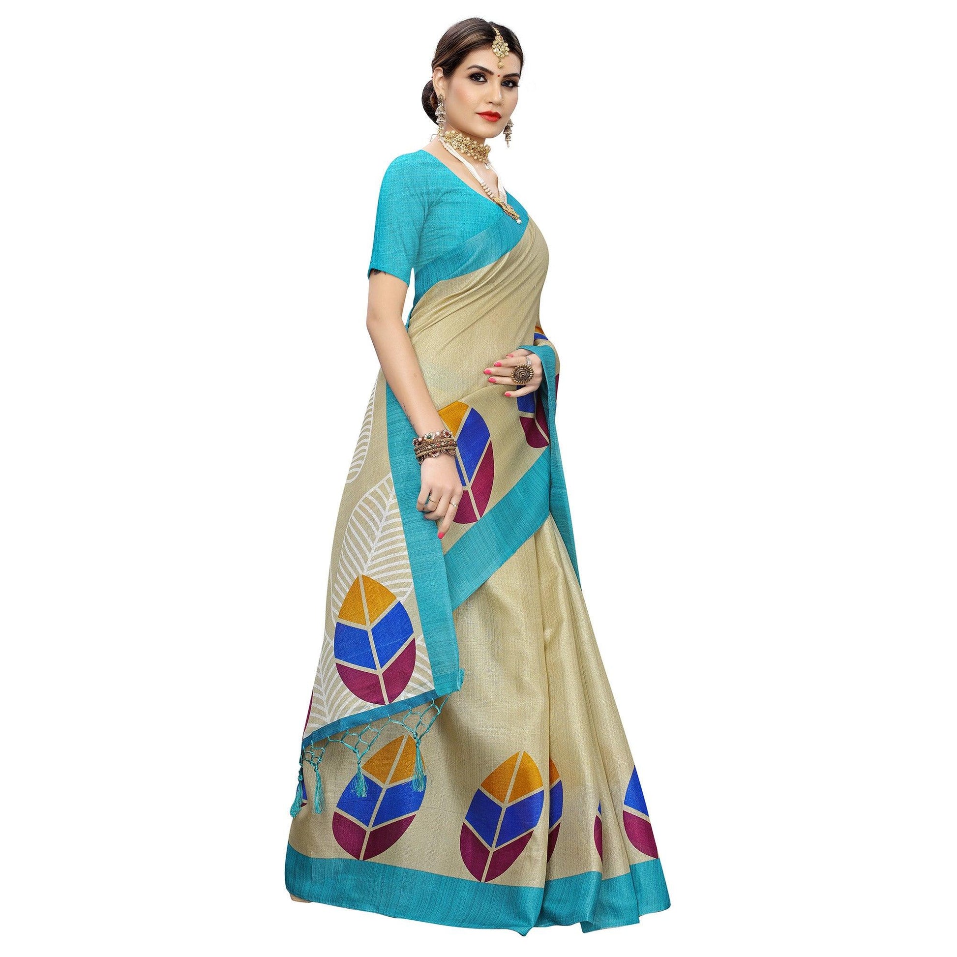 Impressive Beige-Blue Colored Festive Wear Leaf Printed Art Silk Saree With Tassel