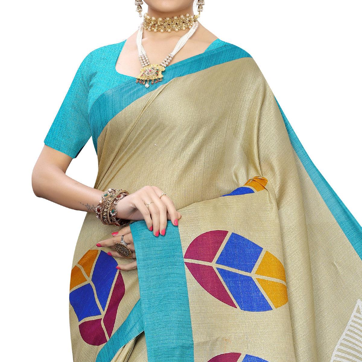 Impressive Beige-Blue Colored Festive Wear Leaf Printed Art Silk Saree With Tassel