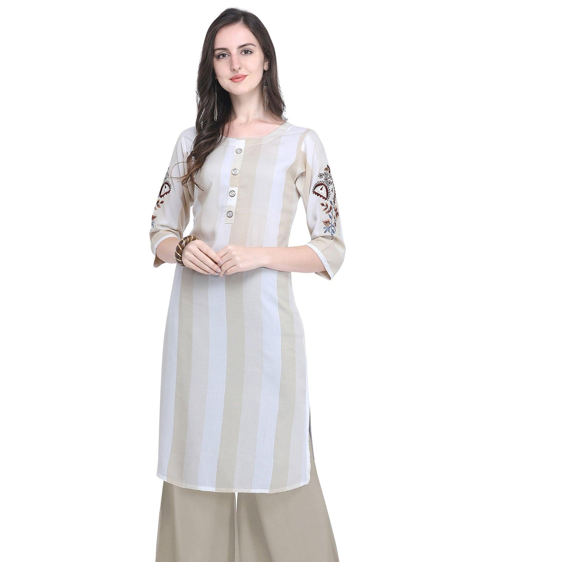 Impressive Beige Colored Casual Embroidered Rayon Kurti