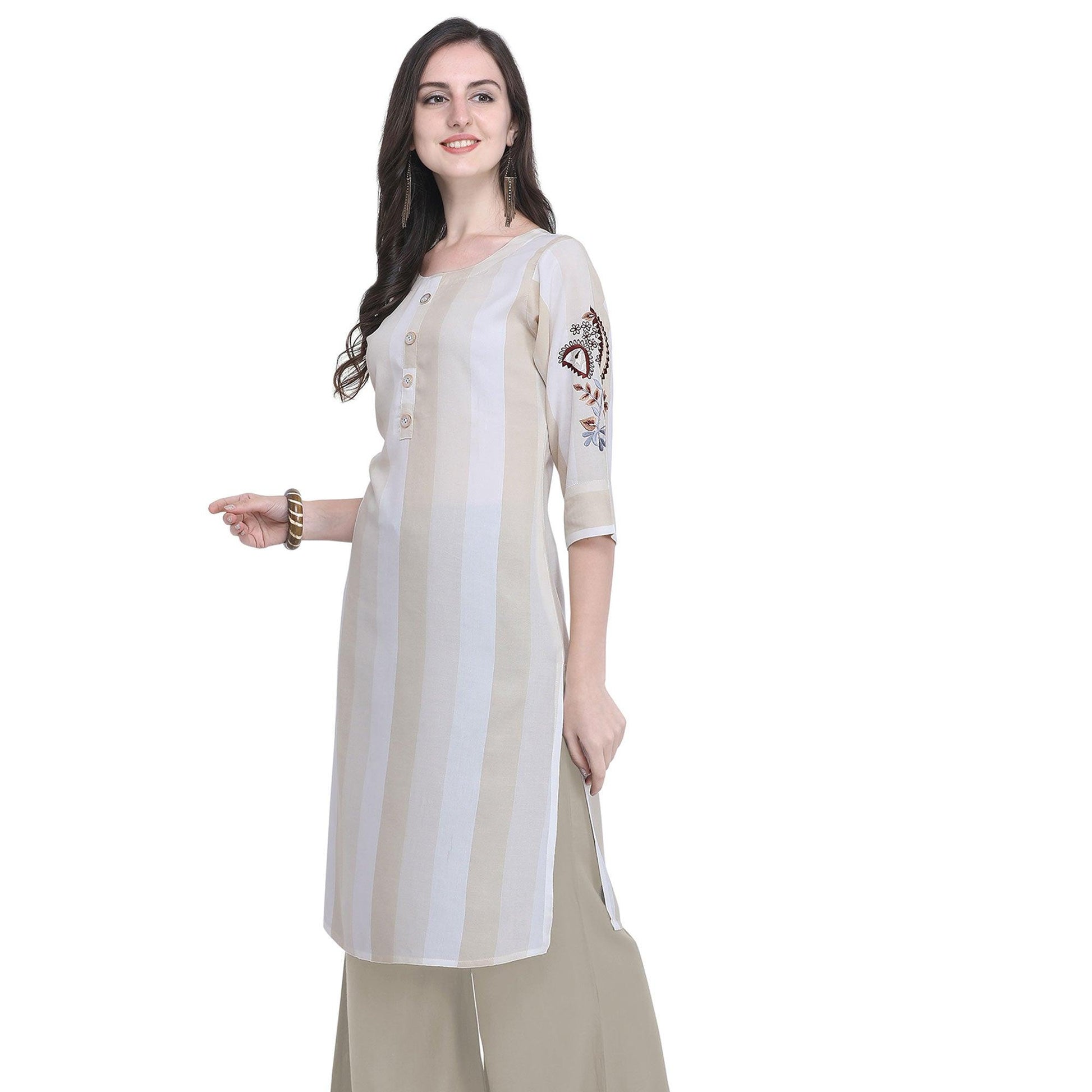 Impressive Beige Colored Casual Embroidered Rayon Kurti