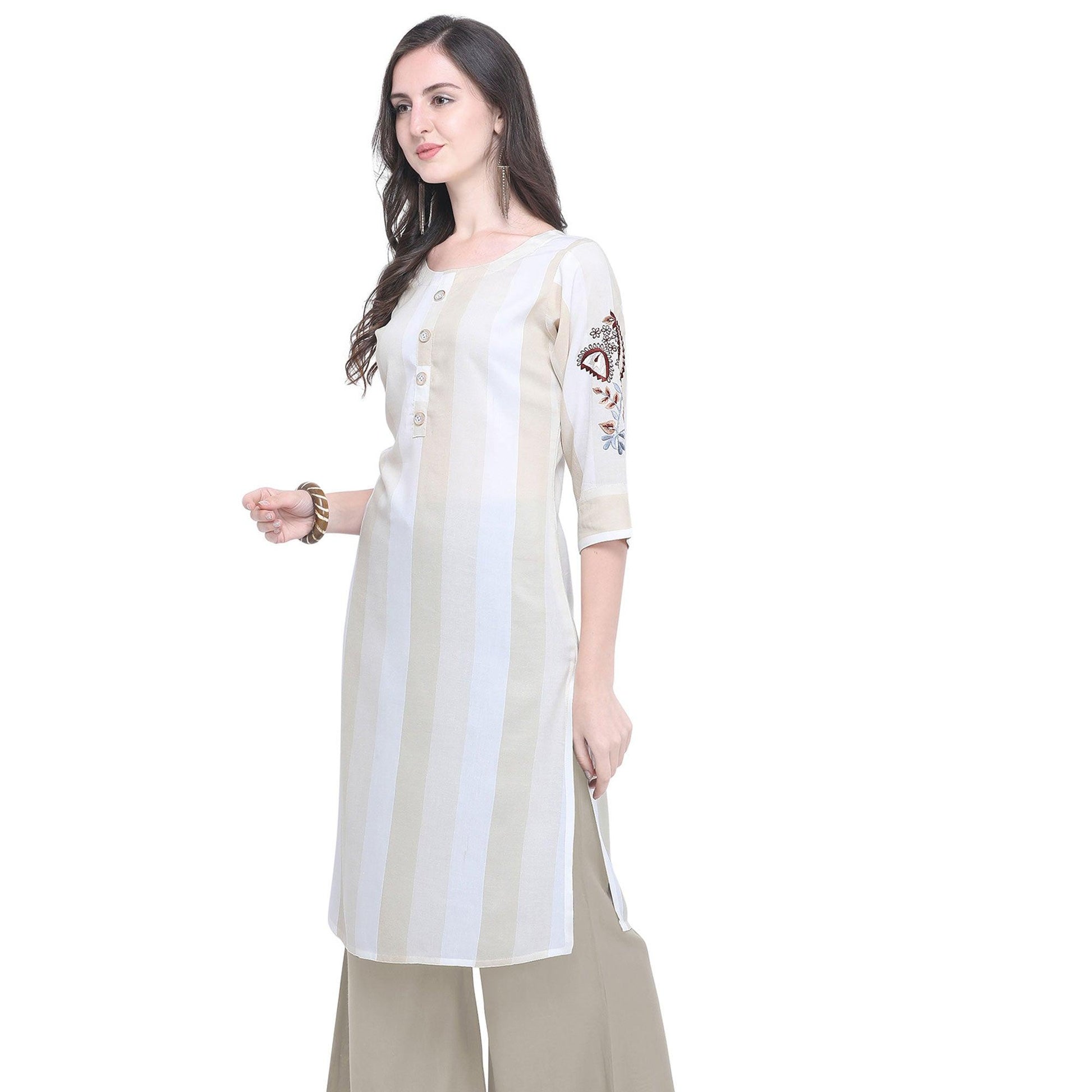 Impressive Beige Colored Casual Embroidered Rayon Kurti