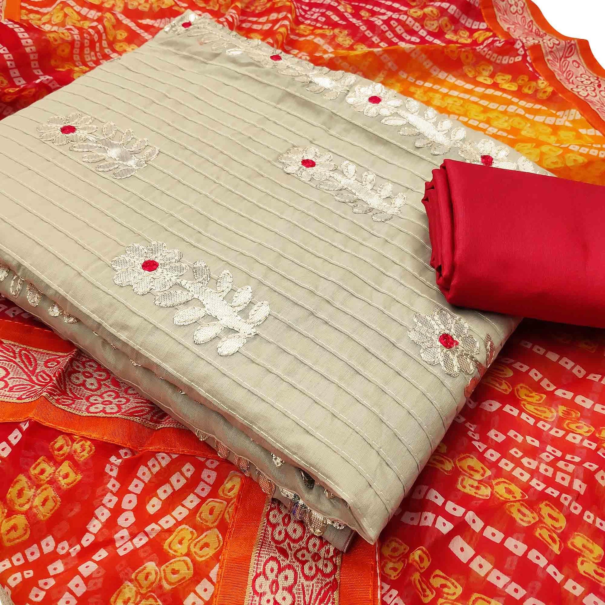 Impressive Beige Colored Casual Wear Embroidered Cotton Dress Material With Bandhani Dupatta