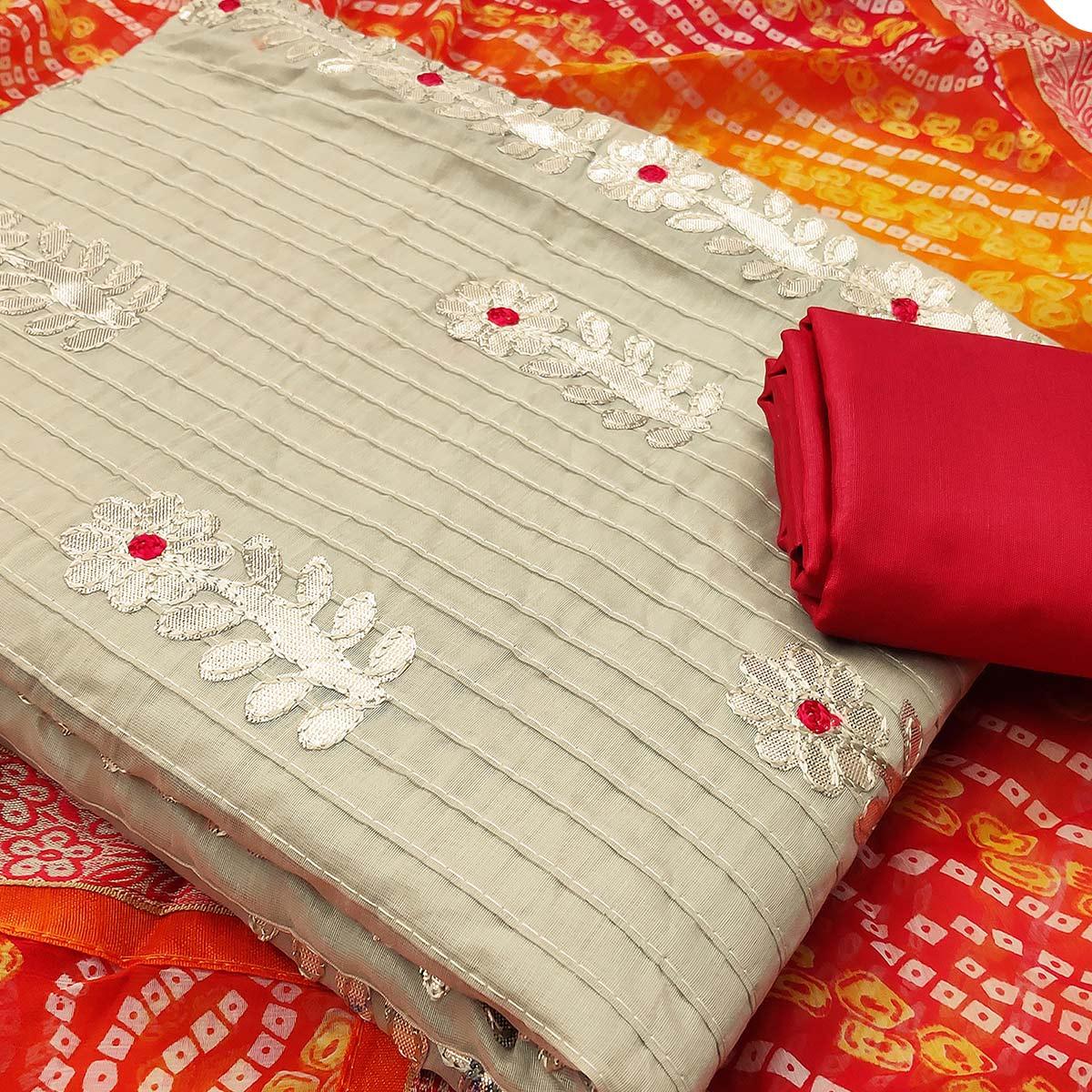 Impressive Beige Colored Casual Wear Embroidered Cotton Dress Material With Bandhani Dupatta