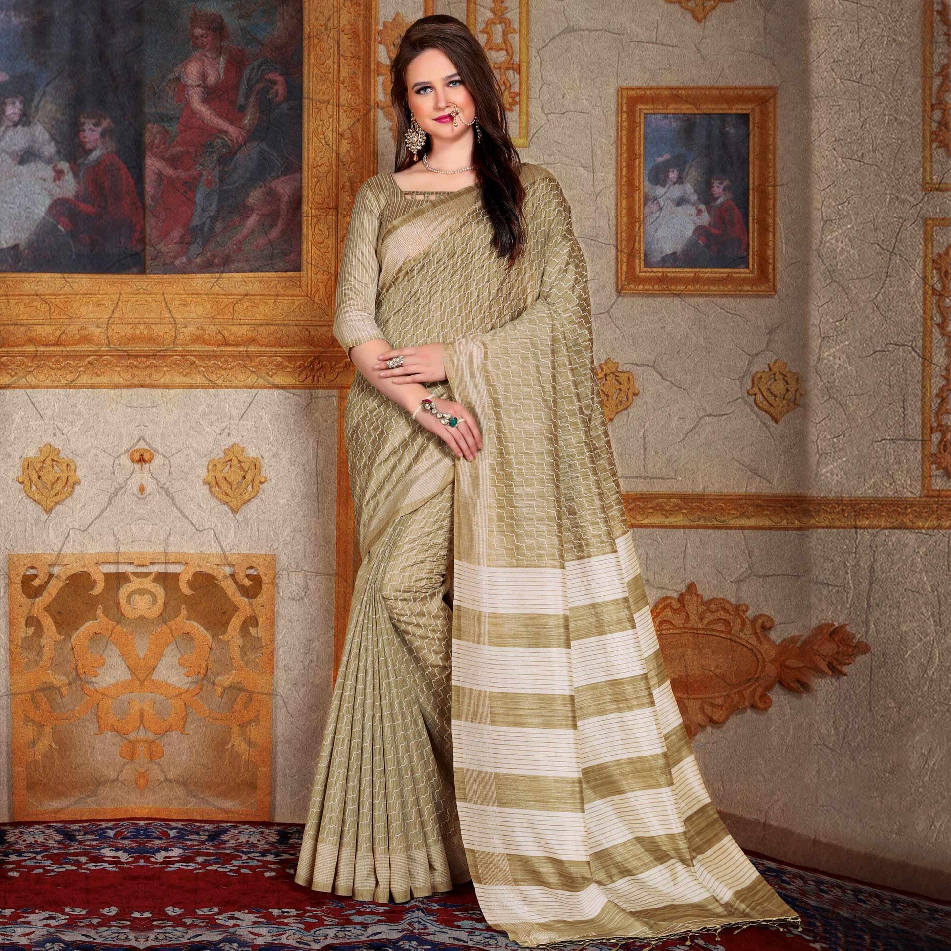Impressive Beige Colored Festive Wear Printed Bhagalpuri Silk Saree