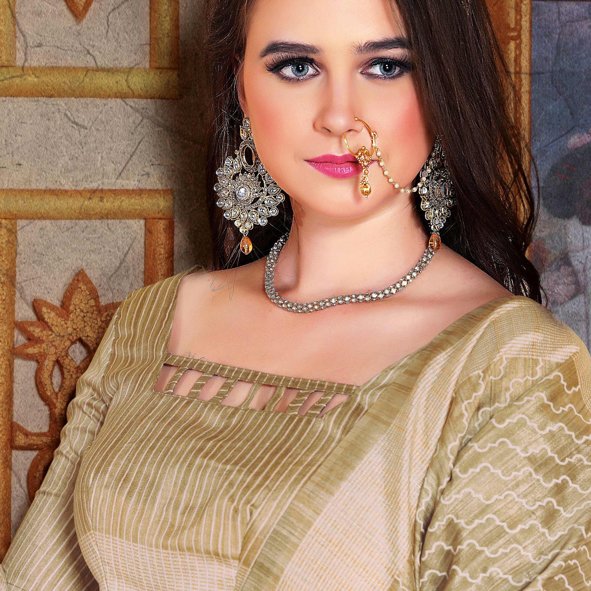 Impressive Beige Colored Festive Wear Printed Bhagalpuri Silk Saree