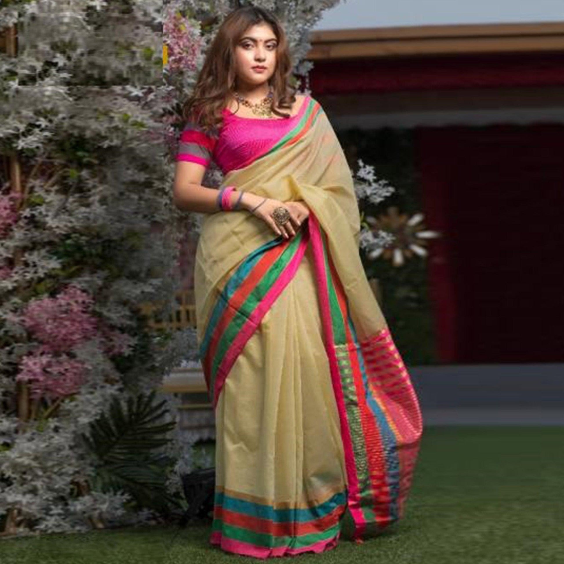 Impressive Beige Colored Festive Wear Woven Cotton Saree