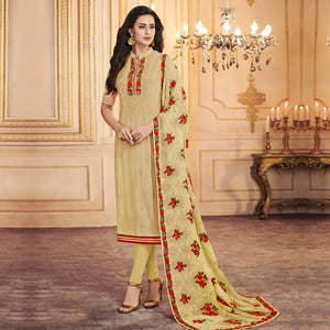 Impressive Beige Colored Partywear Embroidered Uppada Silk Suit