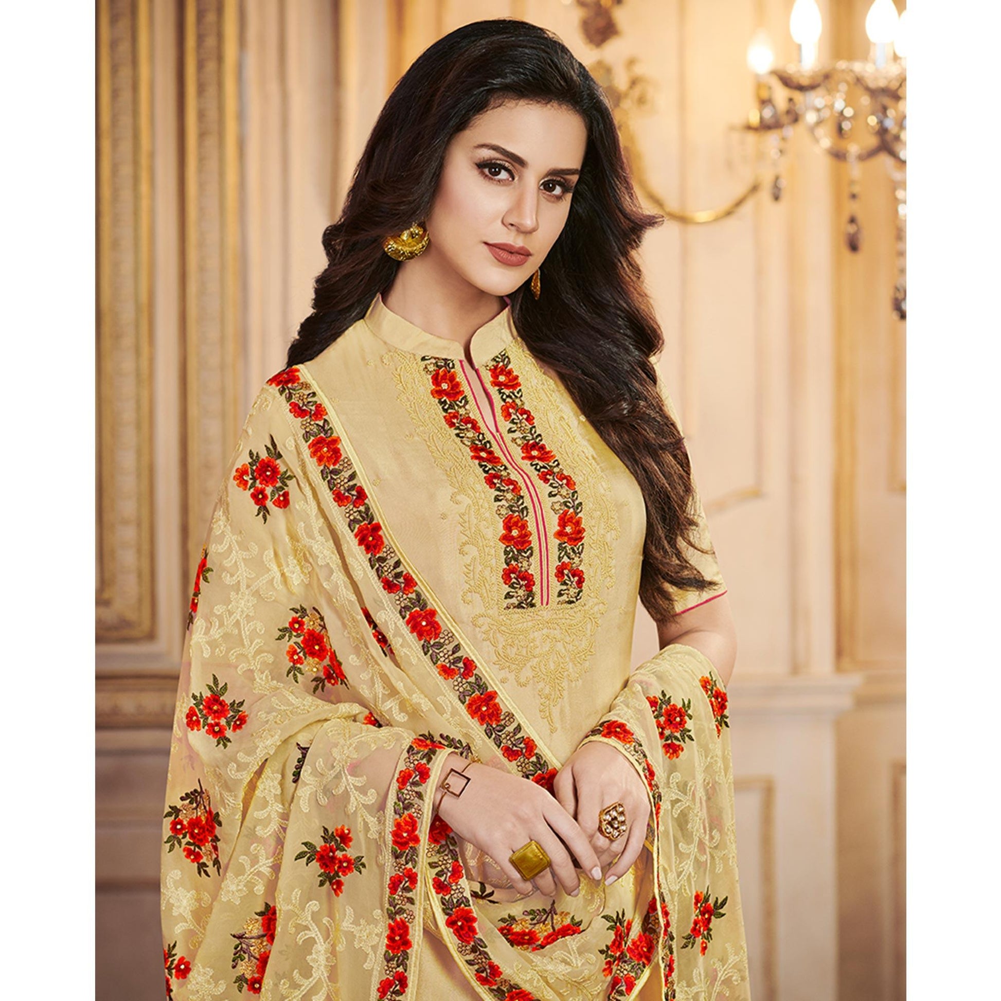 Impressive Beige Colored Partywear Embroidered Uppada Silk Suit