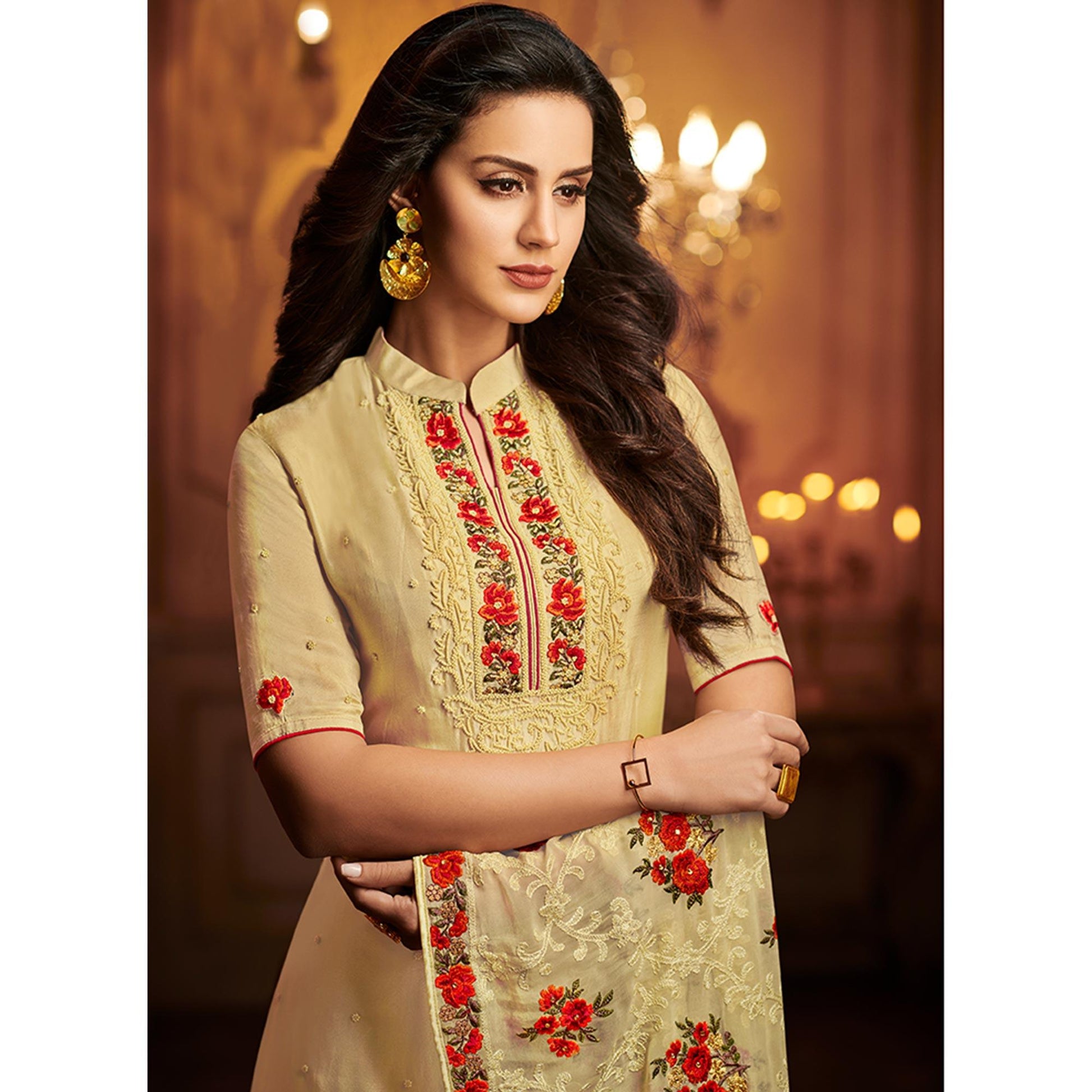 Impressive Beige Colored Partywear Embroidered Uppada Silk Suit