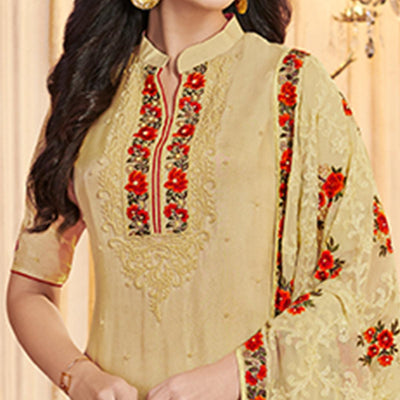 Impressive Beige Colored Partywear Embroidered Uppada Silk Suit