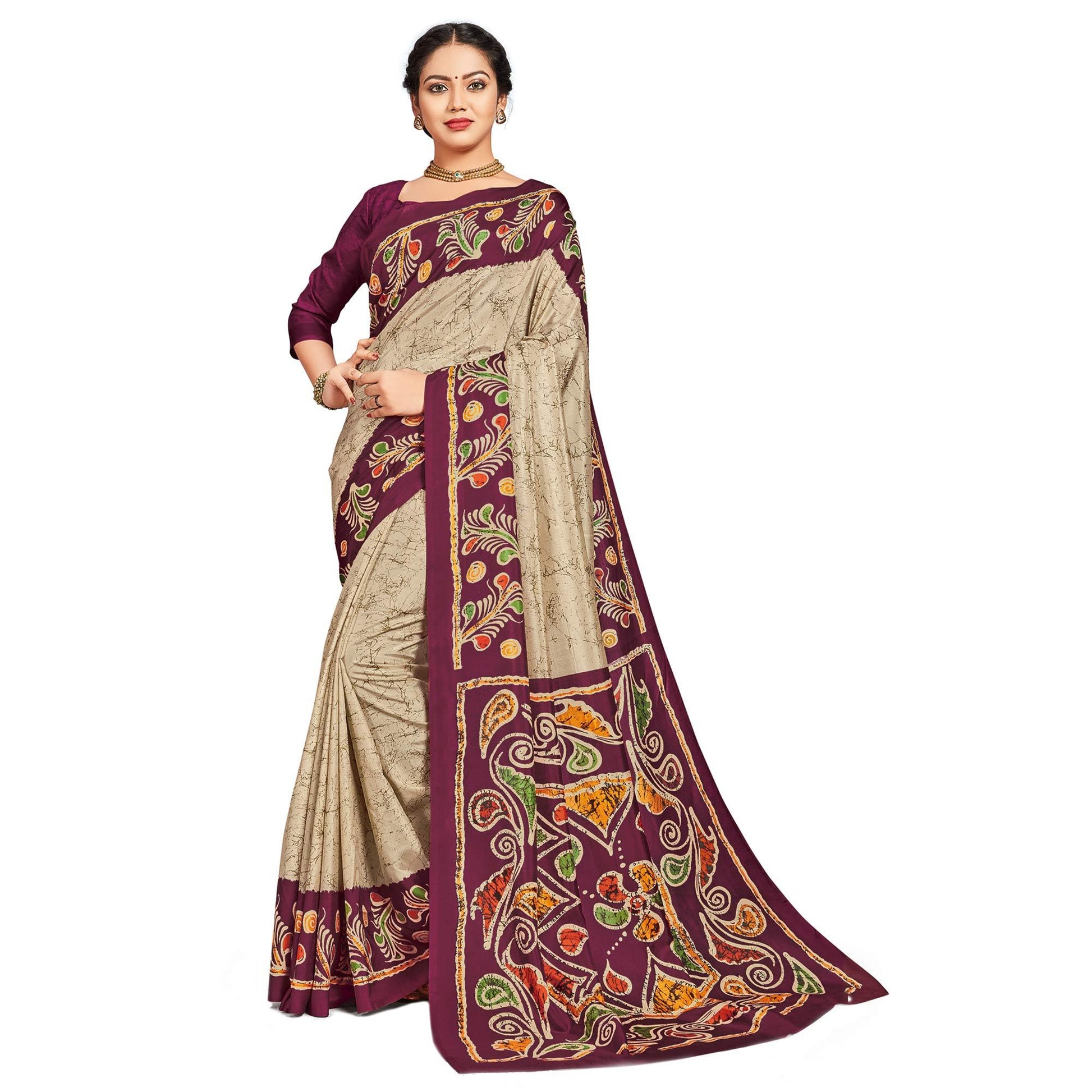 Impressive Beige-Purple Colored Casual Printed Tussar Silk Saree