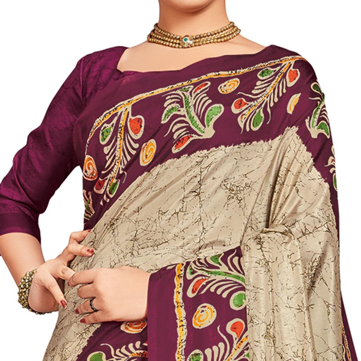 Impressive Beige-Purple Colored Casual Printed Tussar Silk Saree