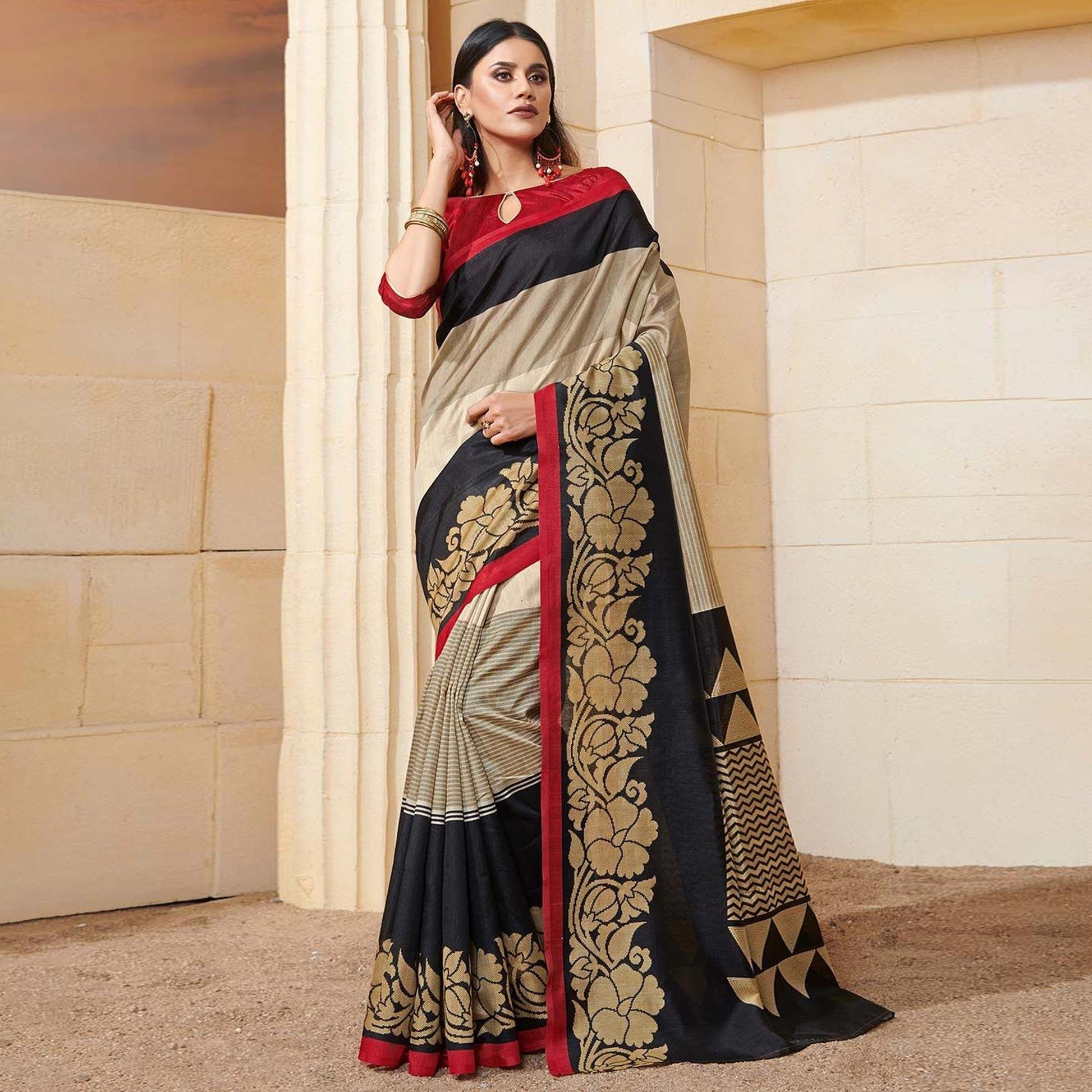 Impressive Black - Beige Colored Casual Wear Printed Bhagalpuri Silk Saree