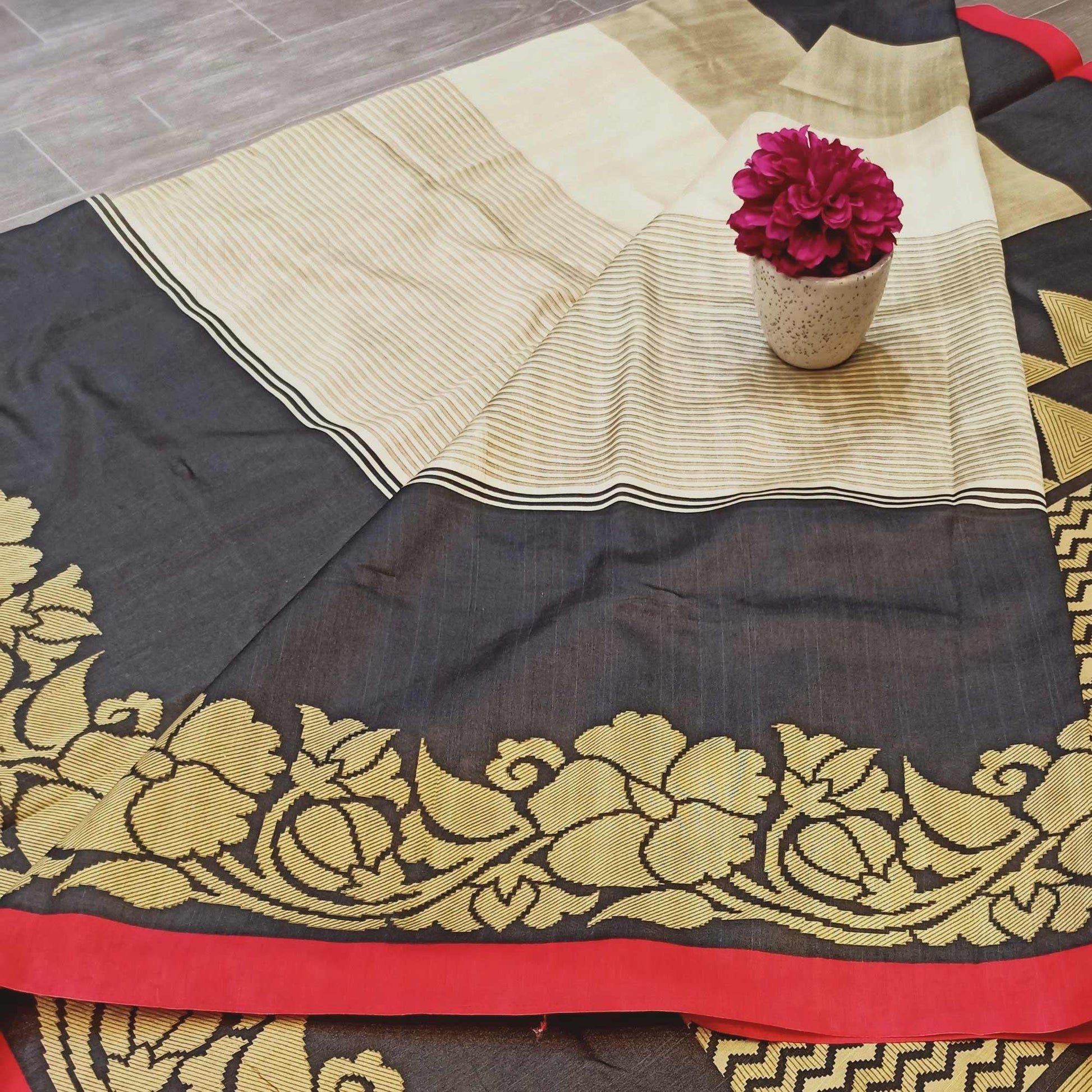 Impressive Black - Beige Colored Casual Wear Printed Bhagalpuri Silk Saree
