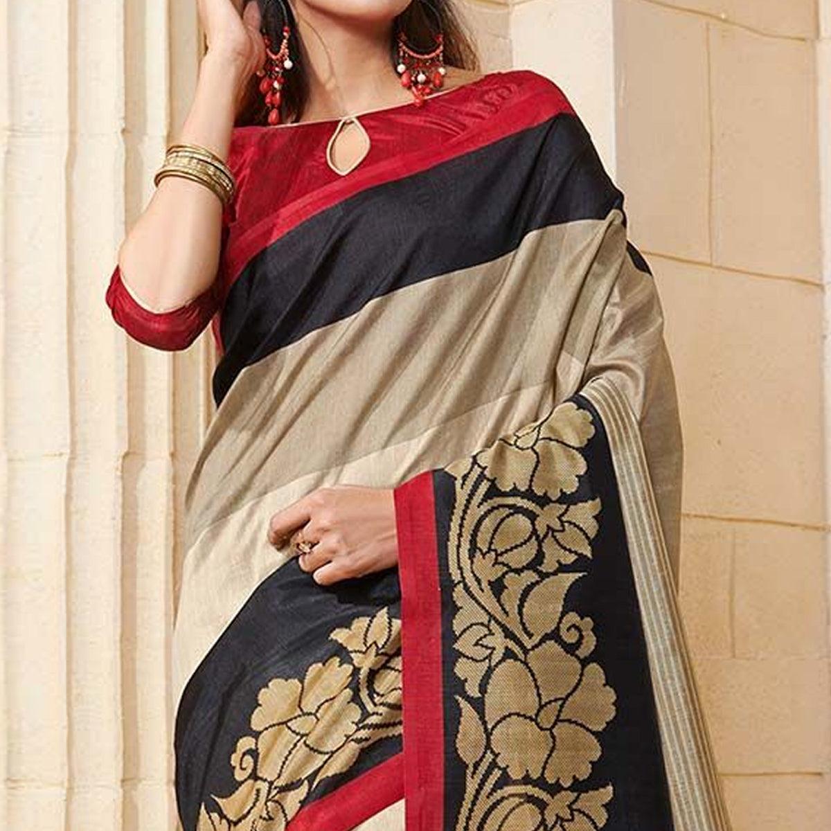 Impressive Black - Beige Colored Casual Wear Printed Bhagalpuri Silk Saree