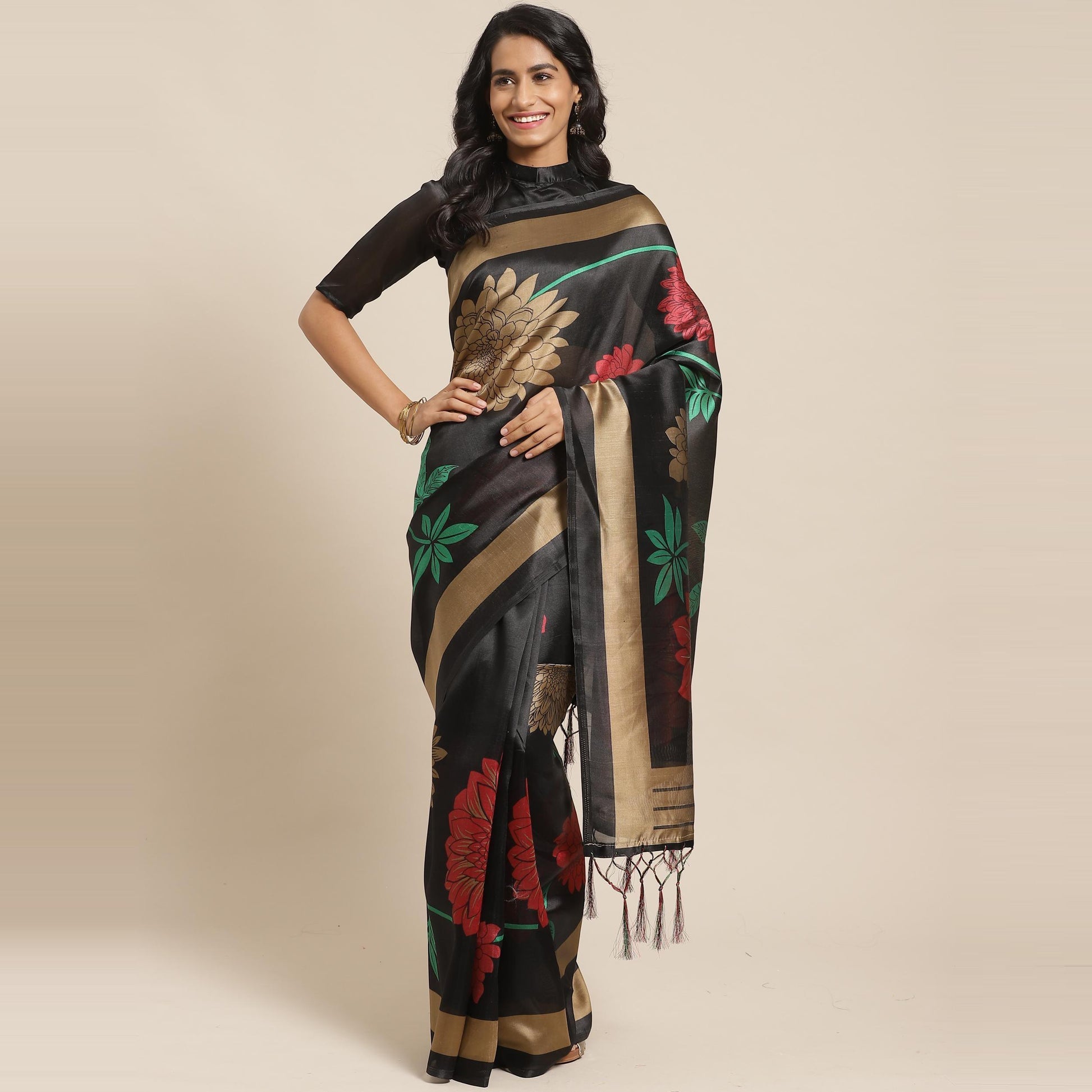 Impressive Black Colored Casual Wear Printed Art Silk Saree
