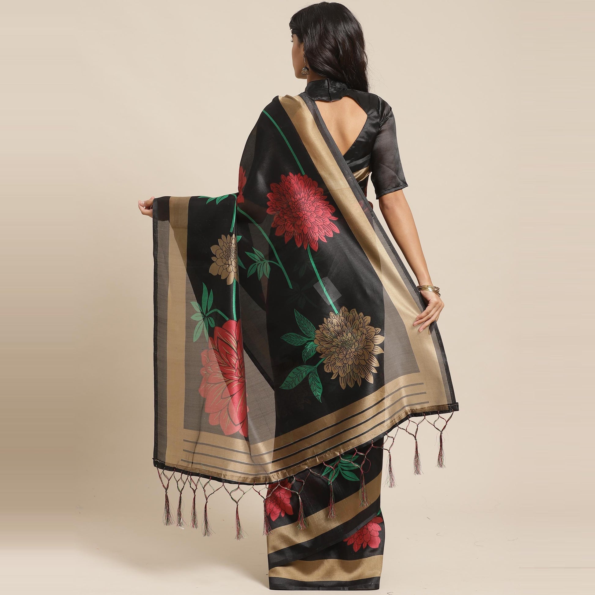 Impressive Black Colored Casual Wear Printed Art Silk Saree