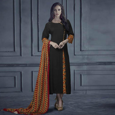 Impressive Black Colored Designer Printed Rayon Kurti With Dupatta