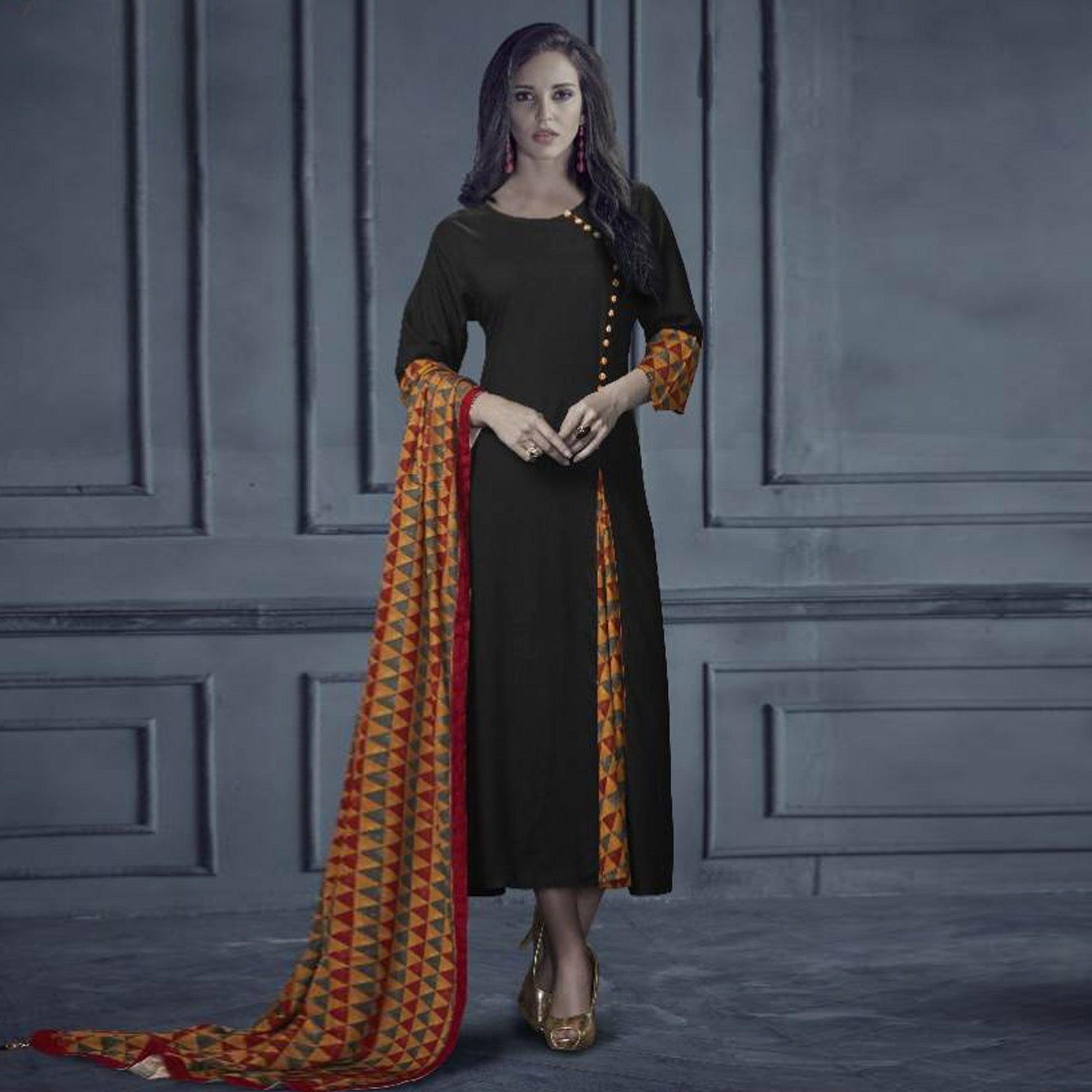Impressive Black Colored Designer Printed Rayon Kurti With Dupatta
