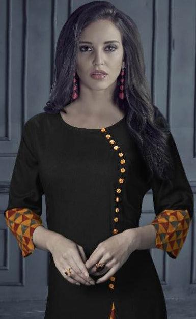 Impressive Black Colored Designer Printed Rayon Kurti With Dupatta