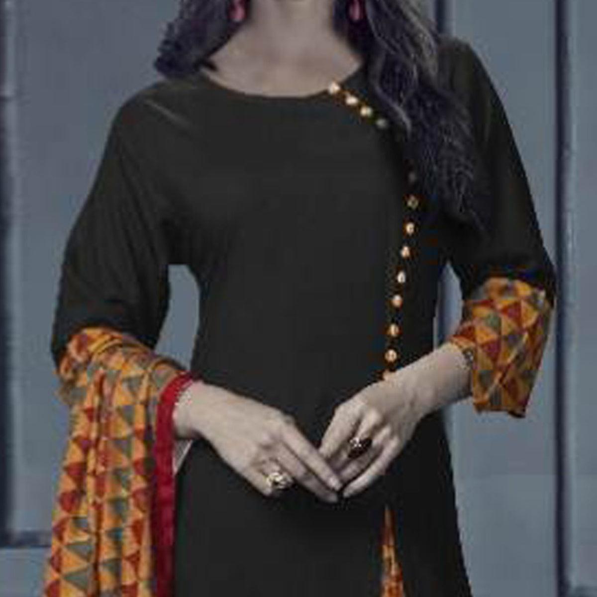 Impressive Black Colored Designer Printed Rayon Kurti With Dupatta
