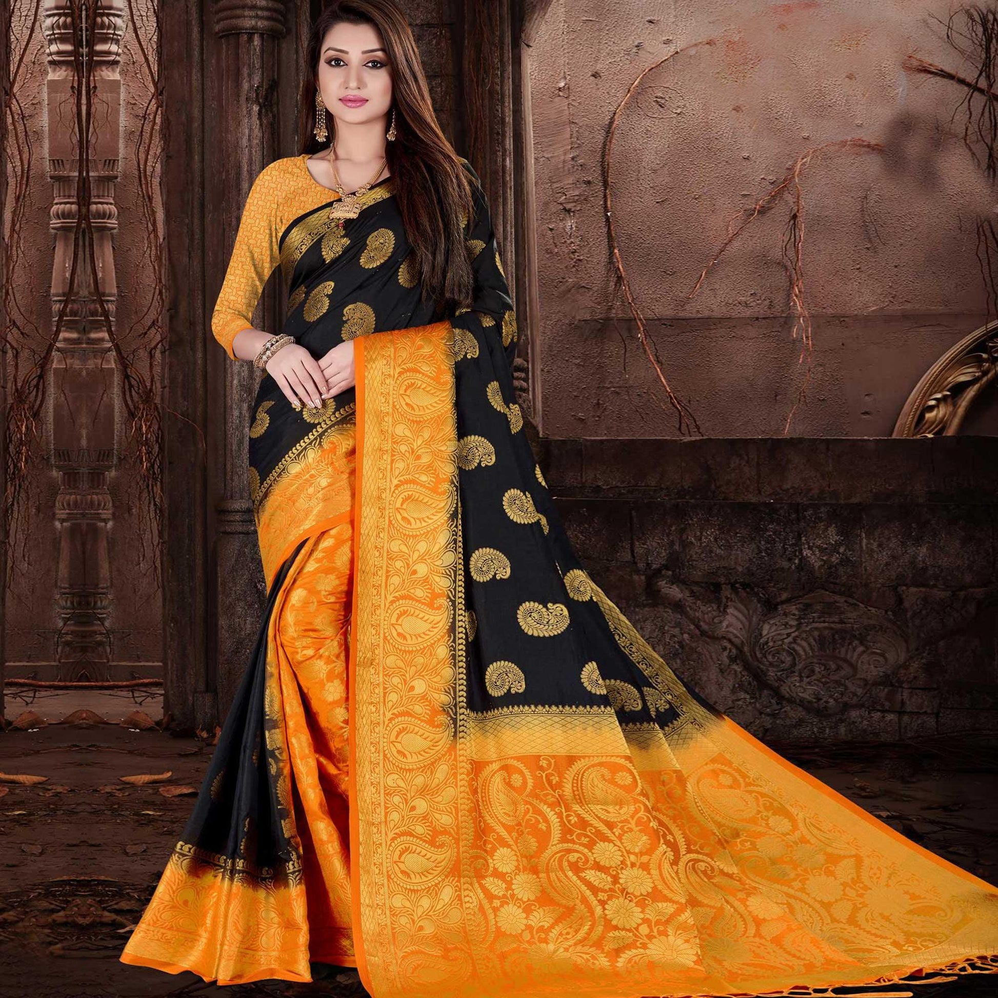 Impressive Black Colored Festive Wear Woven Silk Saree