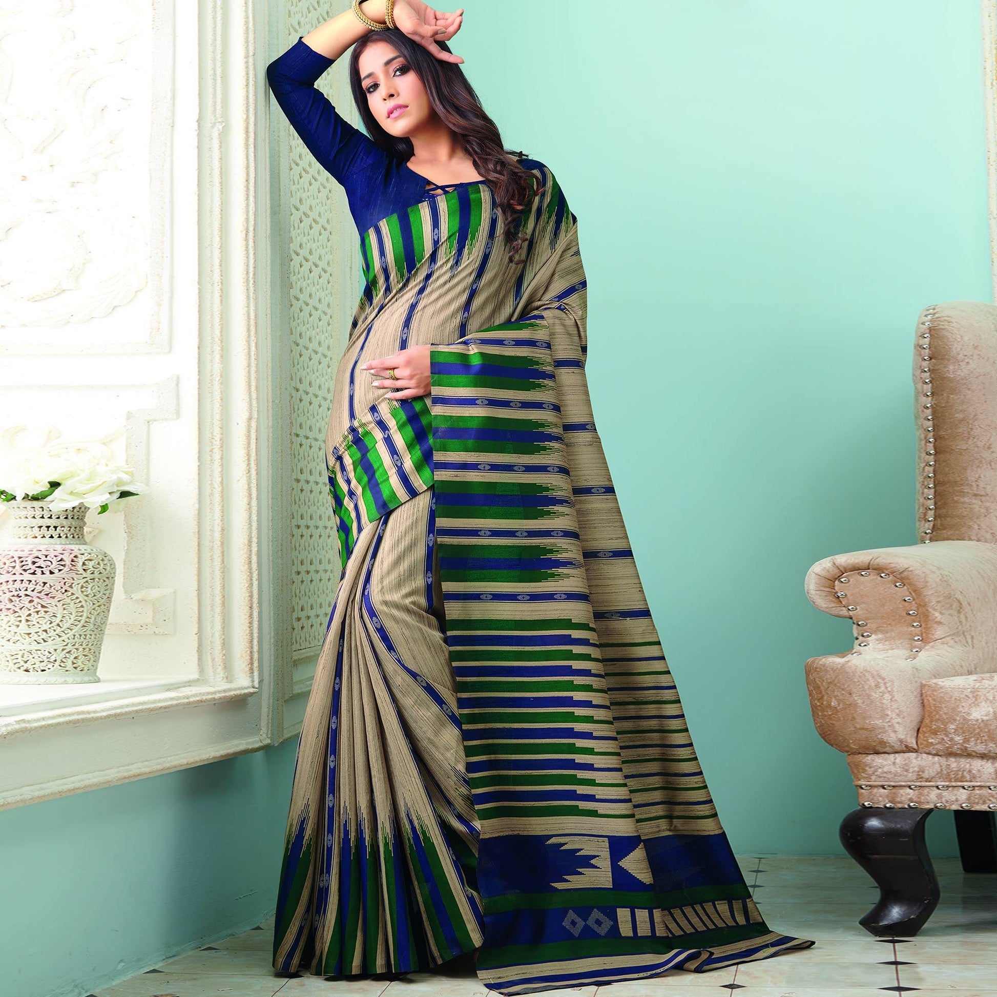 Impressive Brown Colored Casual Wear Printed Bhagalpuri Saree