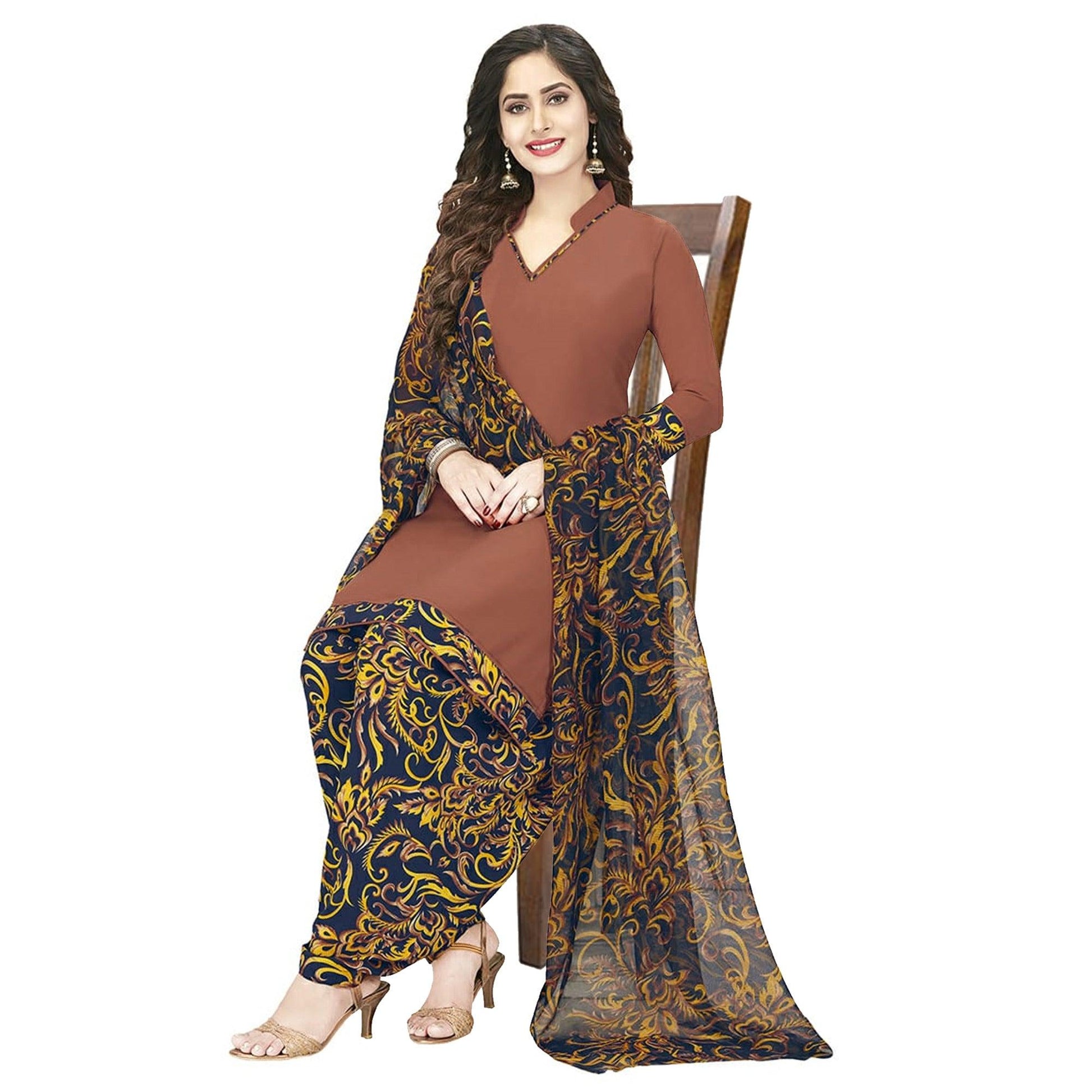 Impressive Brown Colored Casual Wear Printed Crepe Patiala Dress Material