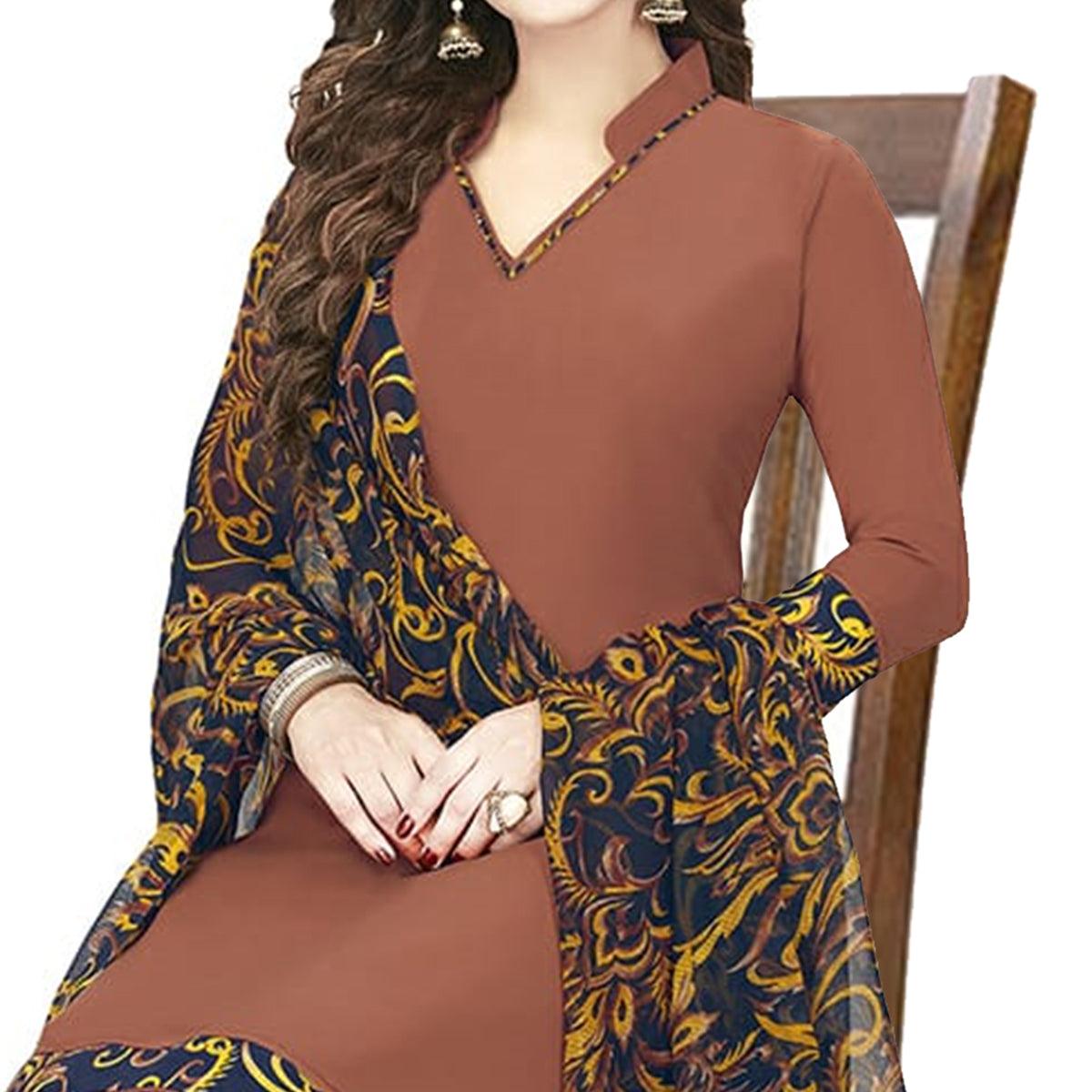 Impressive Brown Colored Casual Wear Printed Crepe Patiala Dress Material