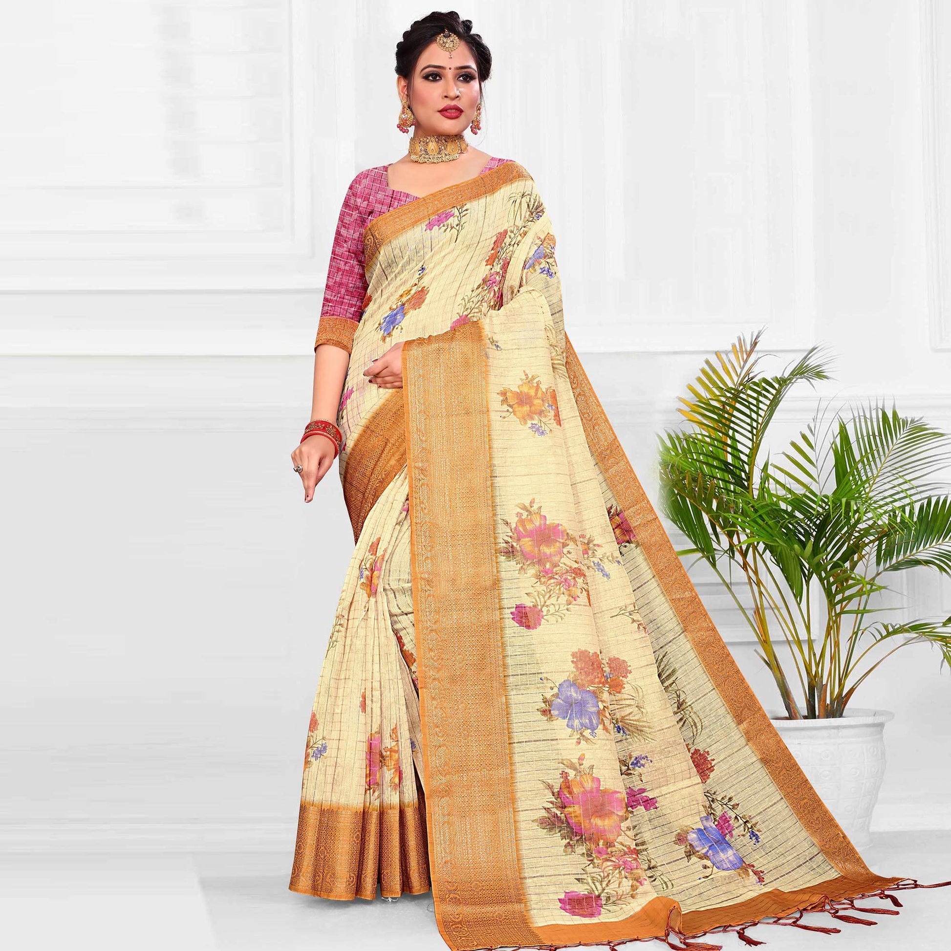 Impressive Cream Colored Festive Wear Digital Printed Linen Saree