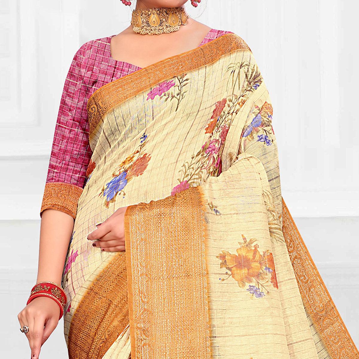 Impressive Cream Colored Festive Wear Digital Printed Linen Saree