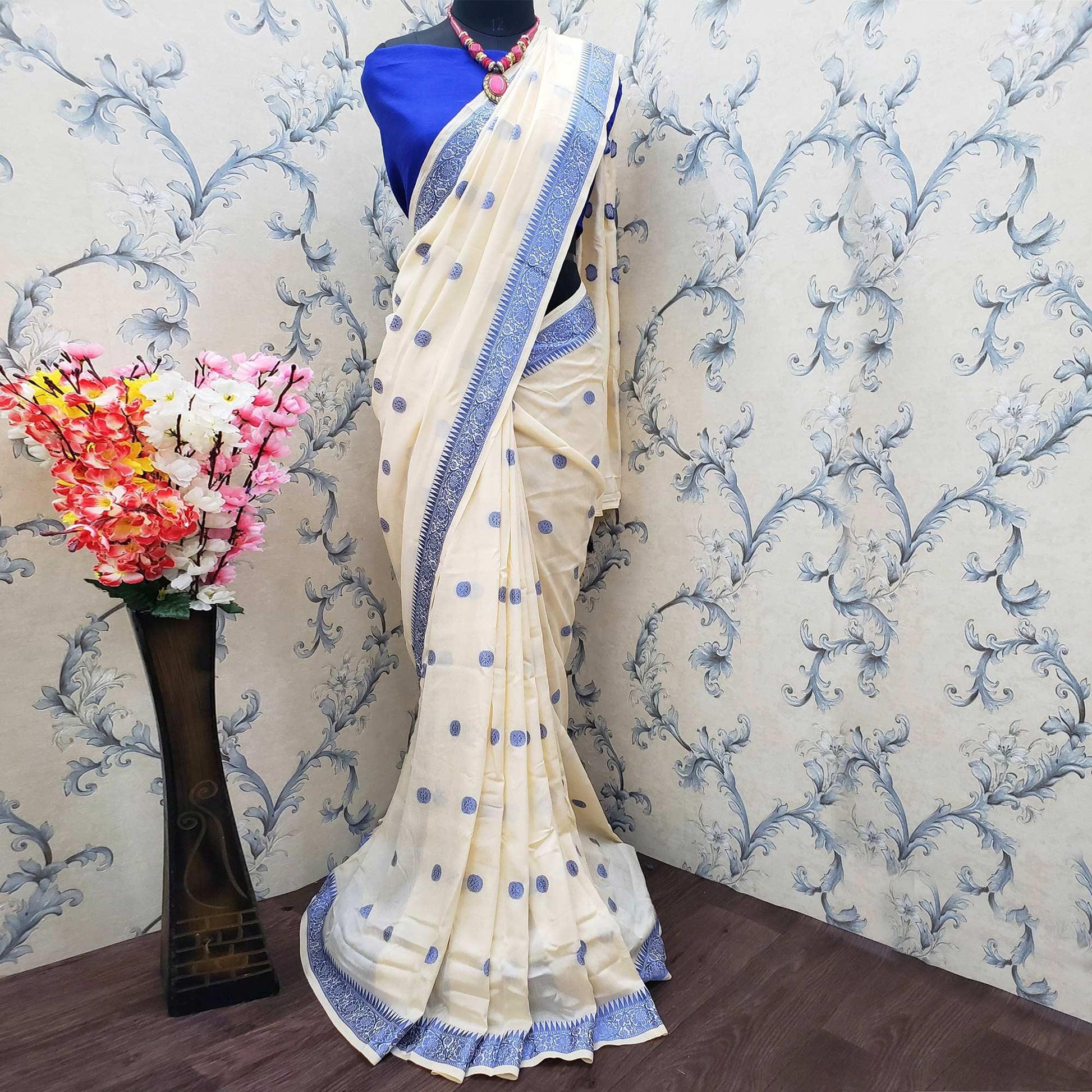 Impressive Cream Colored Festive Wear Woven Vichitra Silk Saree