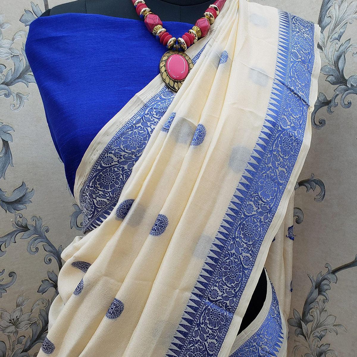 Impressive Cream Colored Festive Wear Woven Vichitra Silk Saree