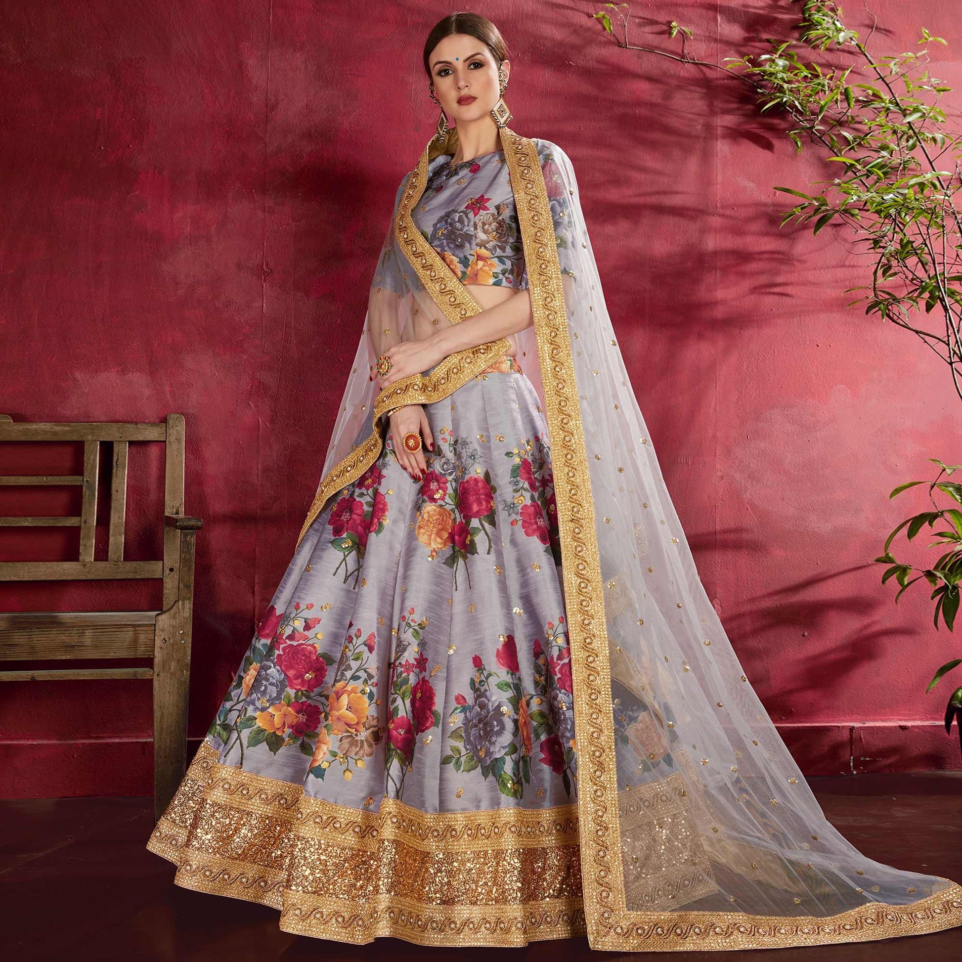 Impressive Gray Colored Partywear Designer Embroidered Art Silk Lehenga Choli