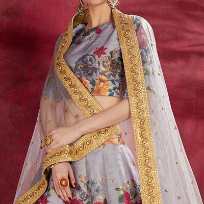 Impressive Gray Colored Partywear Designer Embroidered Art Silk Lehenga Choli