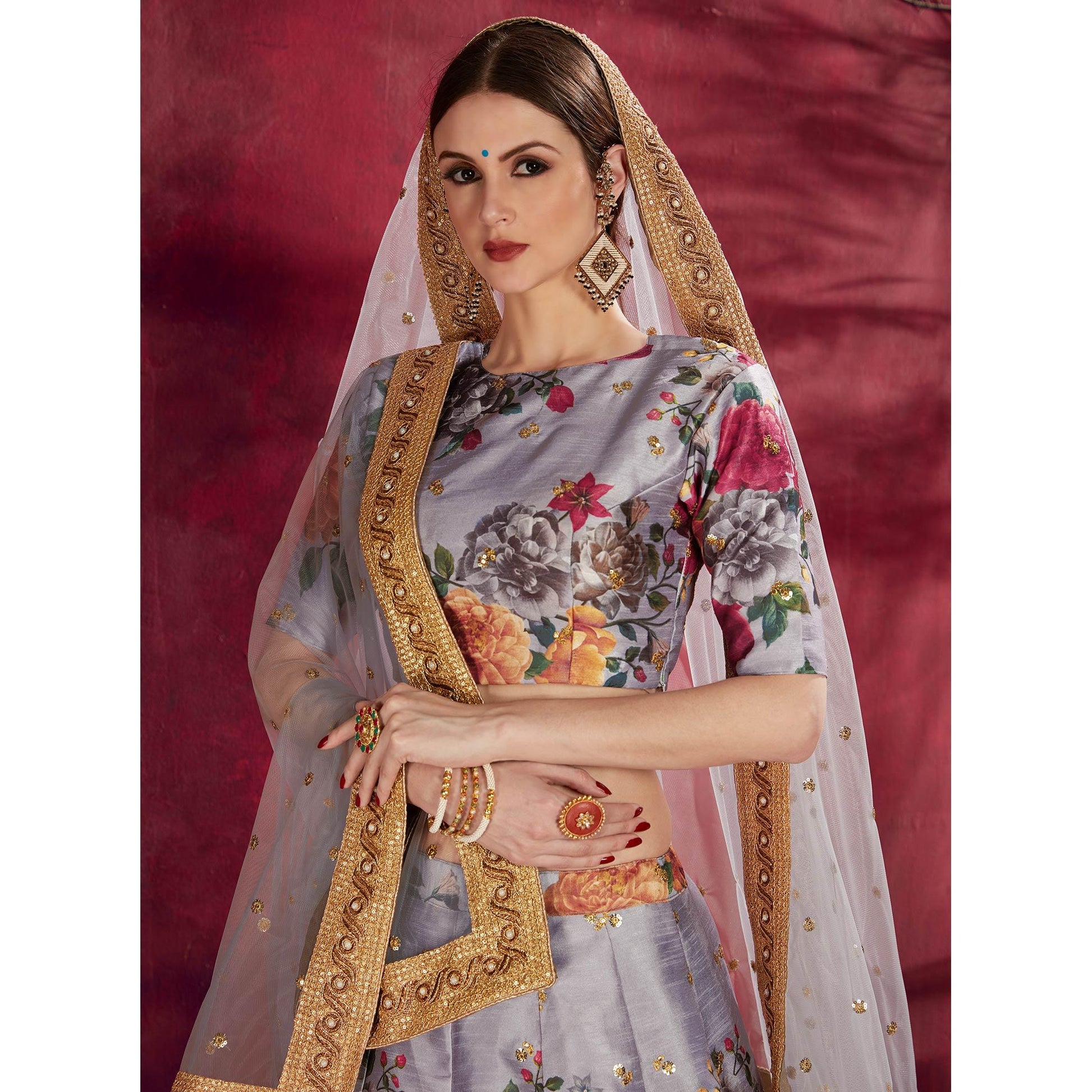 Impressive Gray Colored Partywear Designer Embroidered Art Silk Lehenga Choli