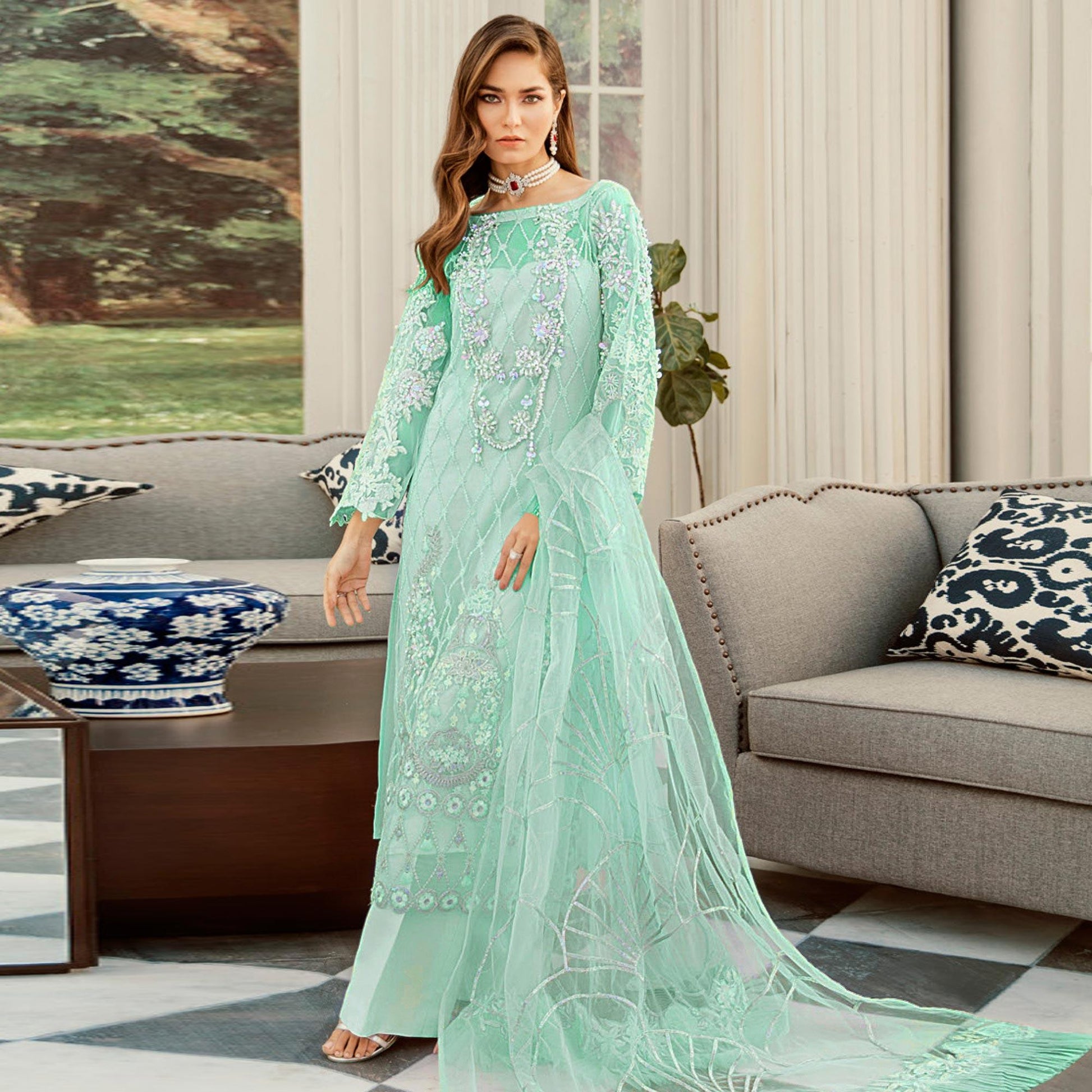 Impressive Green Cololred Partywear Embroidered Net Palazzo Suit