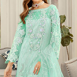 Impressive Green Cololred Partywear Embroidered Net Palazzo Suit