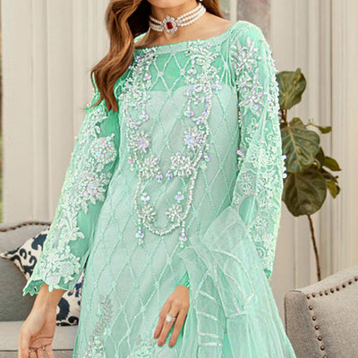 Impressive Green Cololred Partywear Embroidered Net Palazzo Suit