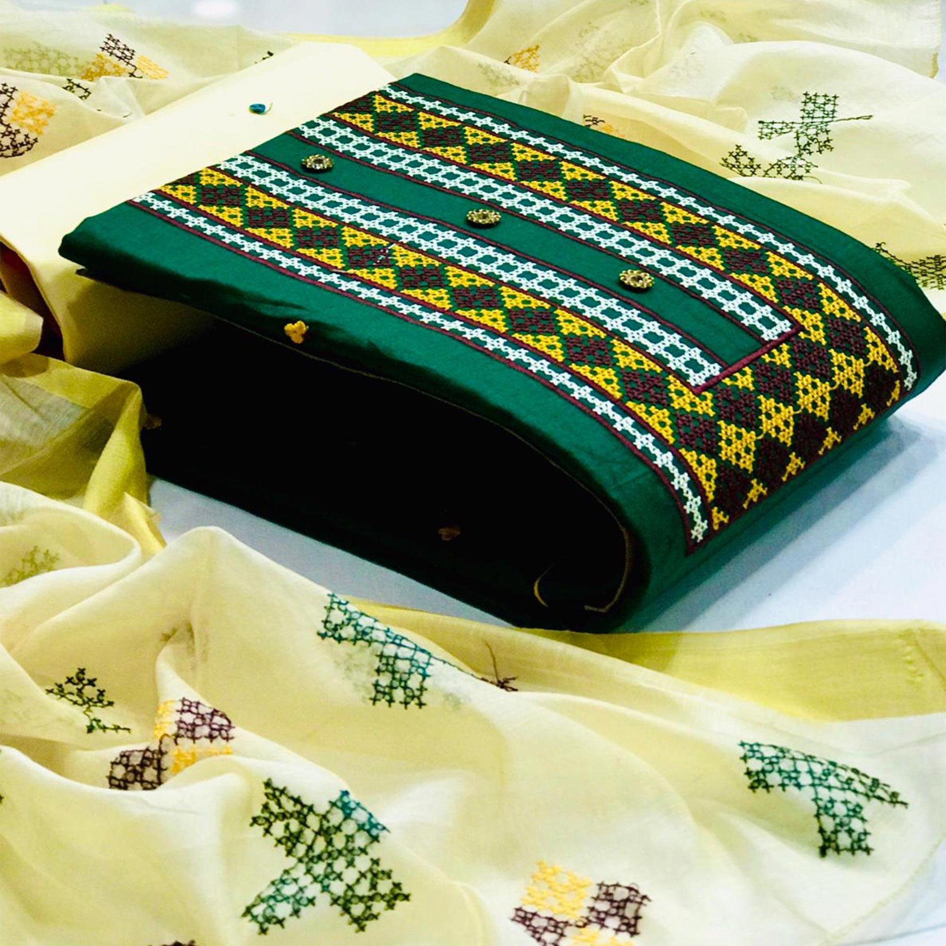 Impressive Green Colored Casual Wear Embroidered Cotton Dress Material