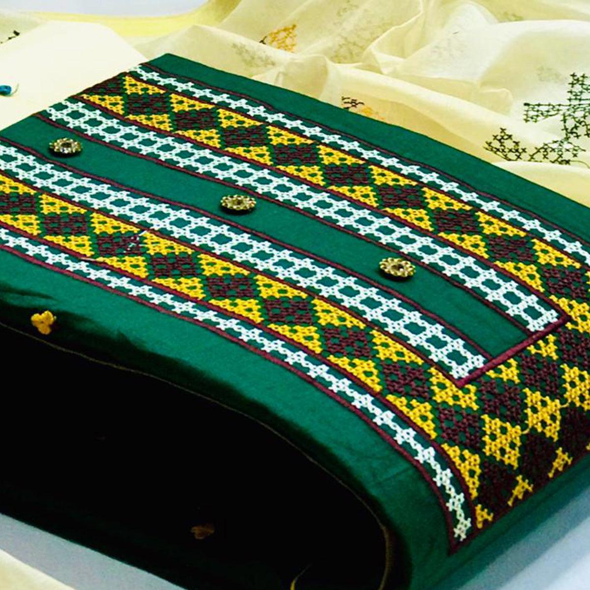 Impressive Green Colored Casual Wear Embroidered Cotton Dress Material